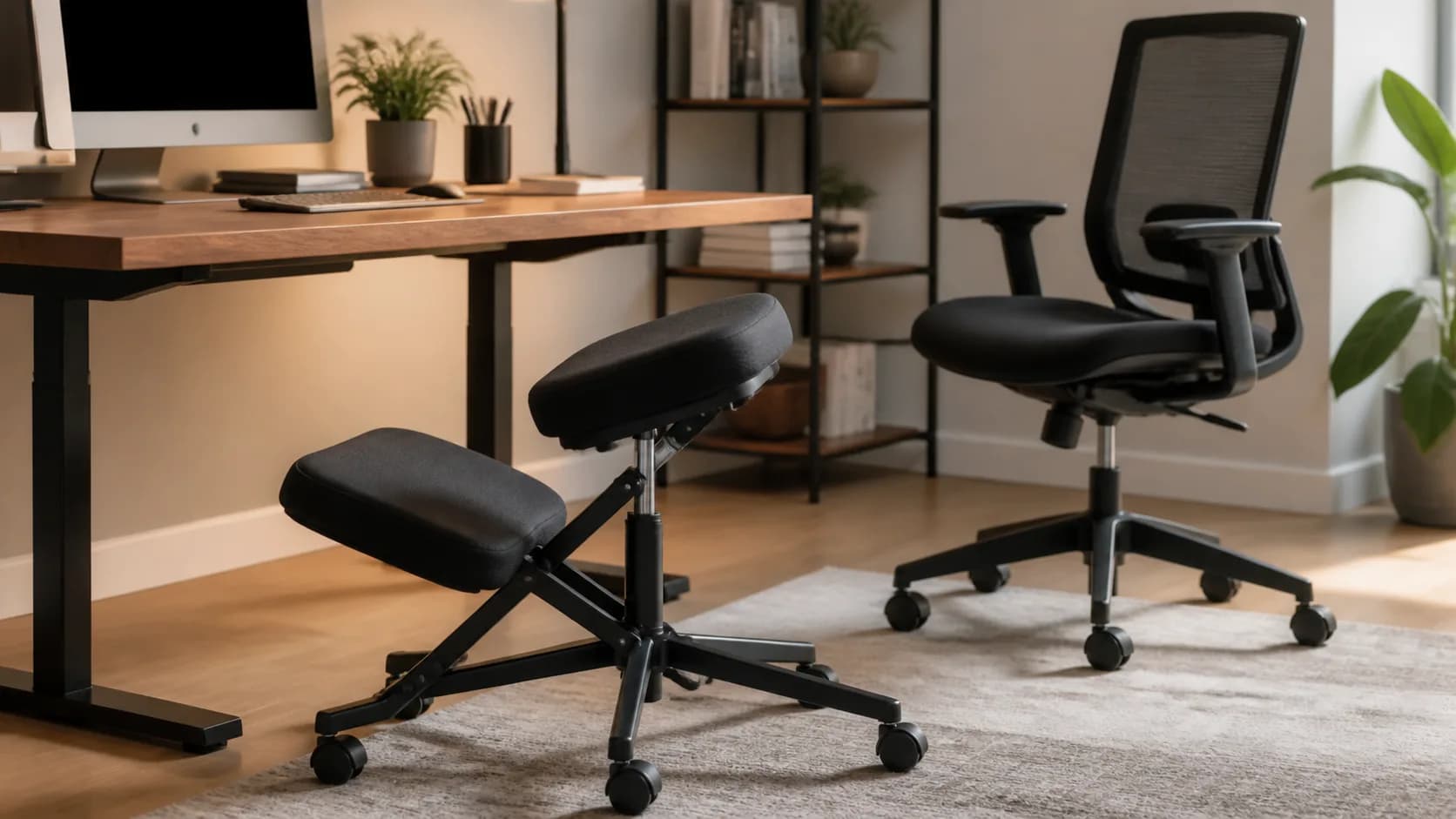 Editorial ergonomic workspace representing an adjustable kneeling chair