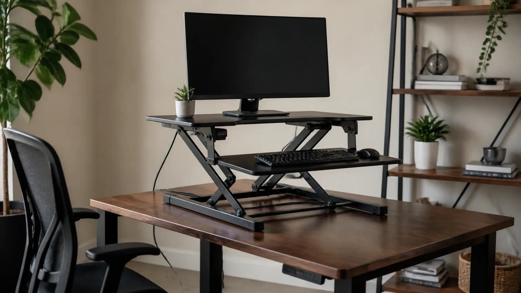 Editorial home-office desk scene representing a desktop standing converter