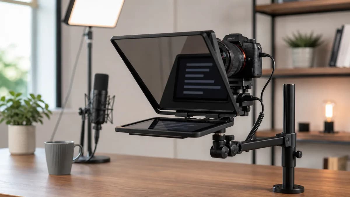 Editorial home-office setup with a desktop teleprompter, mirrorless camera, desk arm, microphone, and key light