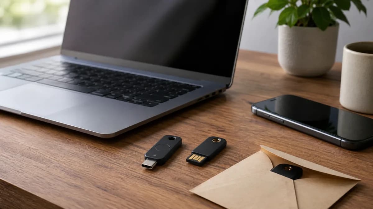 Editorial security workspace with USB-C and NFC hardware keys, laptop, phone, and a separate backup envelope