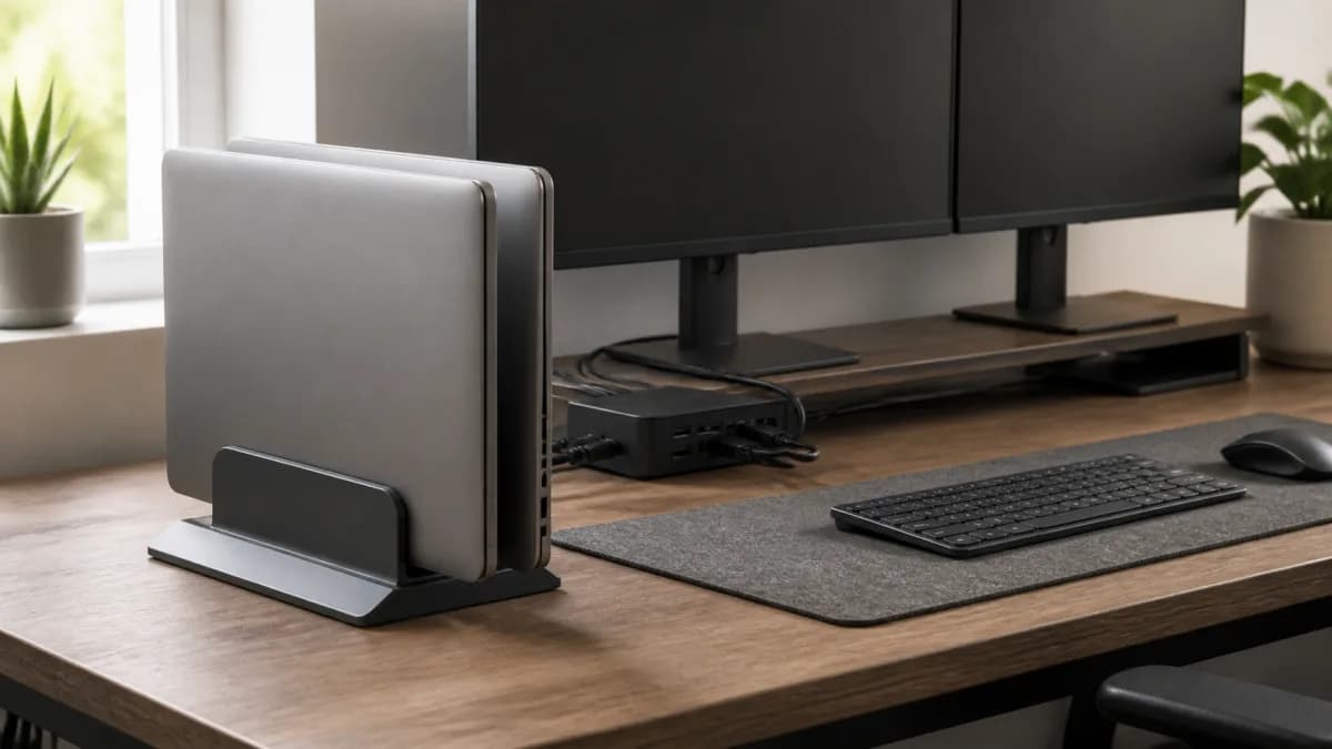 Editorial desk with two laptops stored vertically beside a monitor, dock, keyboard, and managed cables