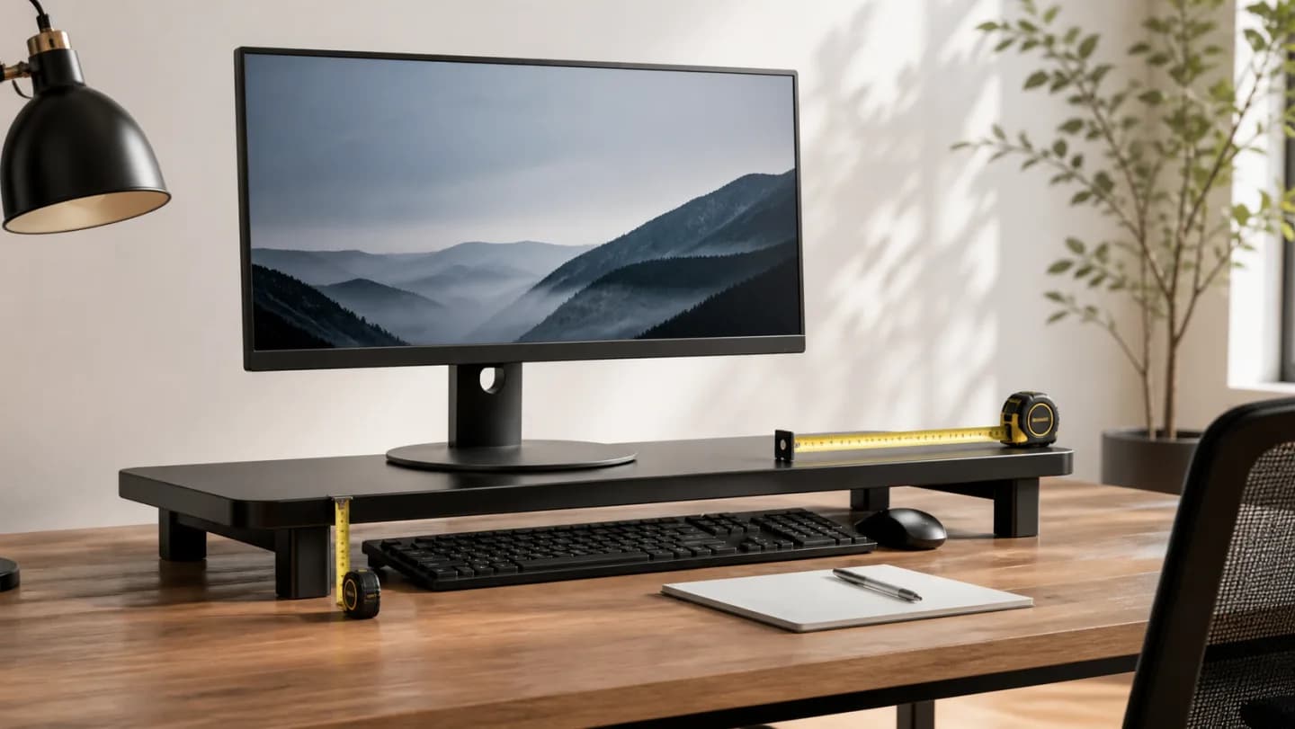 Editorial desk side view with a monitor on an adjustable riser, measured eye line, screen distance, stand footprint, keyboard storage, and load label