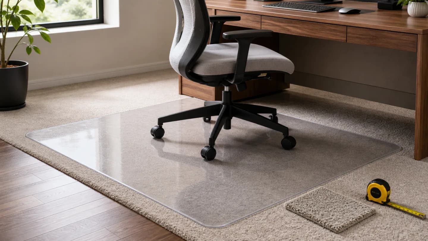 Editorial home office floor plan with a clear chair mat, rolling chair, desk lip, measured travel zone, carpet pile sample, and beveled edge