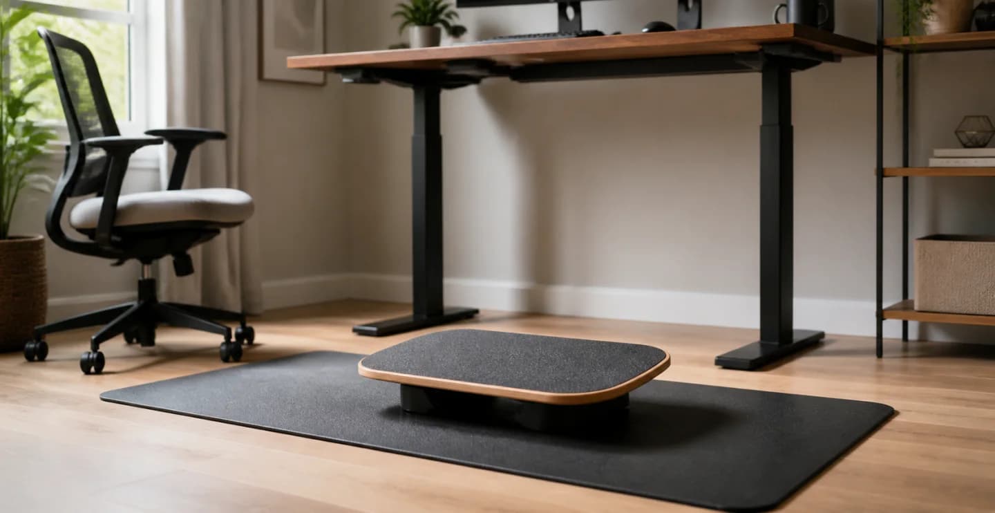 Editorial sit-stand workstation with a low-rocker balance board, stance marks, desk clearance, floor mat, chair parked away, and timed posture changes