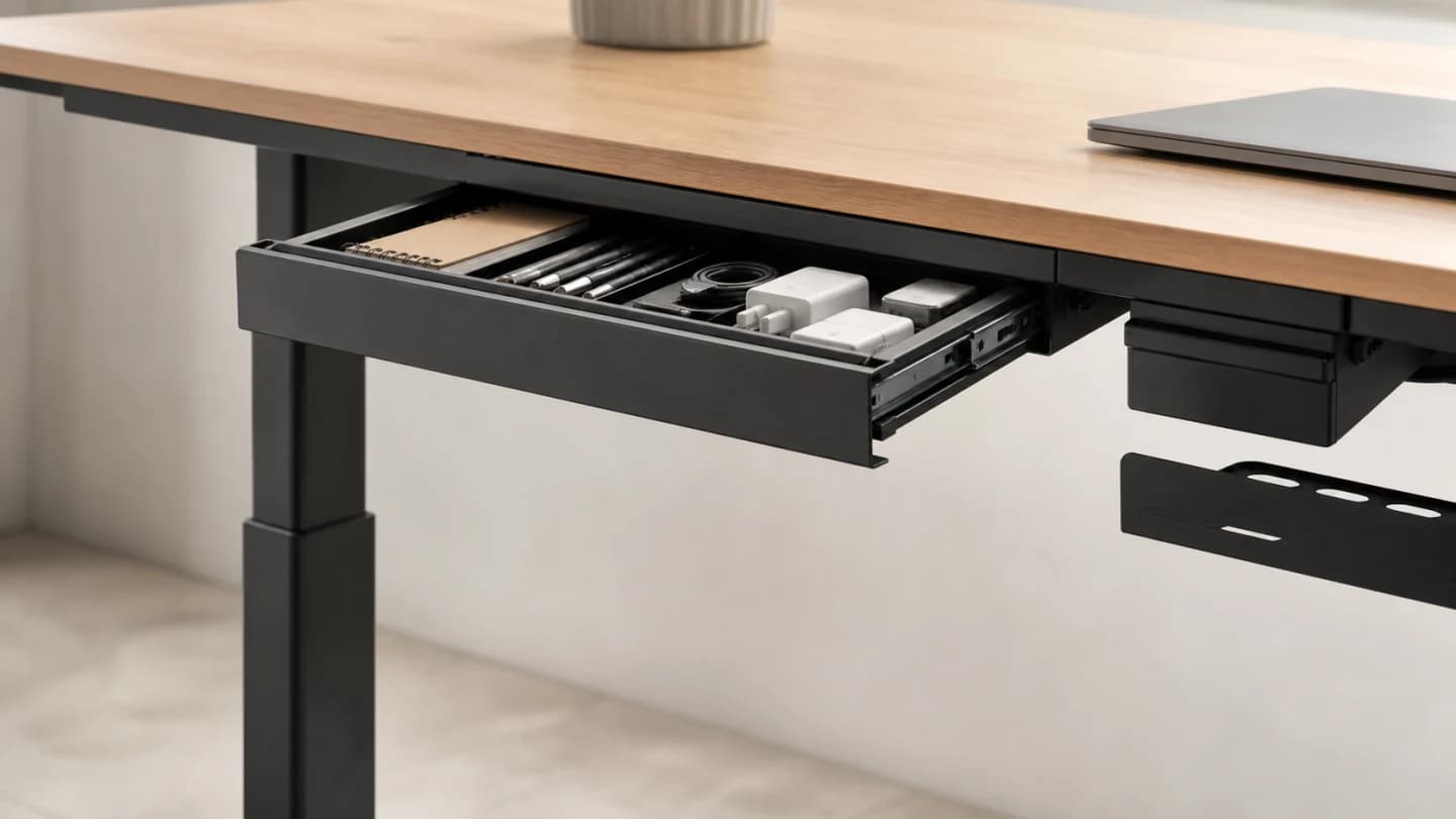 Editorial underside of a home-office desk with a slim metal drawer, measured knee clearance, screw-depth gauge, desk frame, cables, and stored accessories