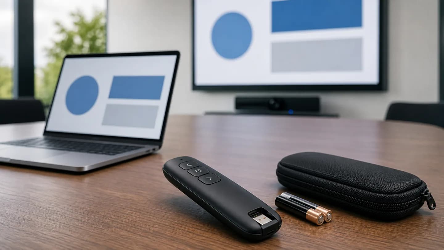 Editorial presentation desk with a wireless clicker, USB receiver, laptop, slide controls, battery, lanyard, and measured room range
