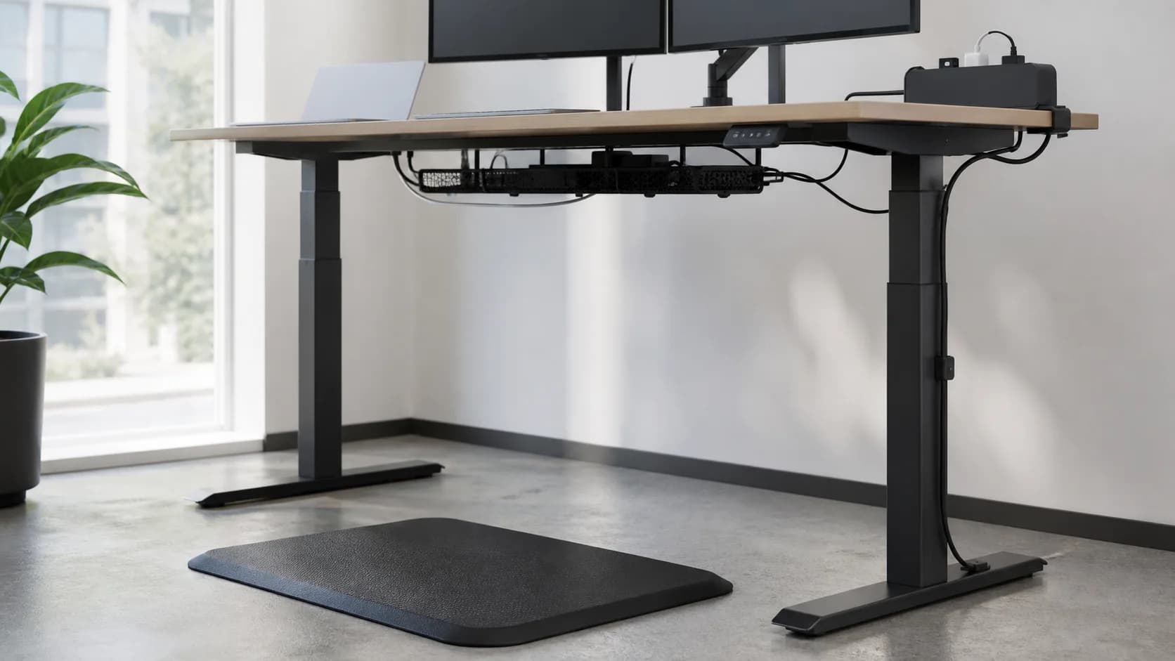 Original editorial scene with an unbranded standing desk, power, mat, and cable-management equipment