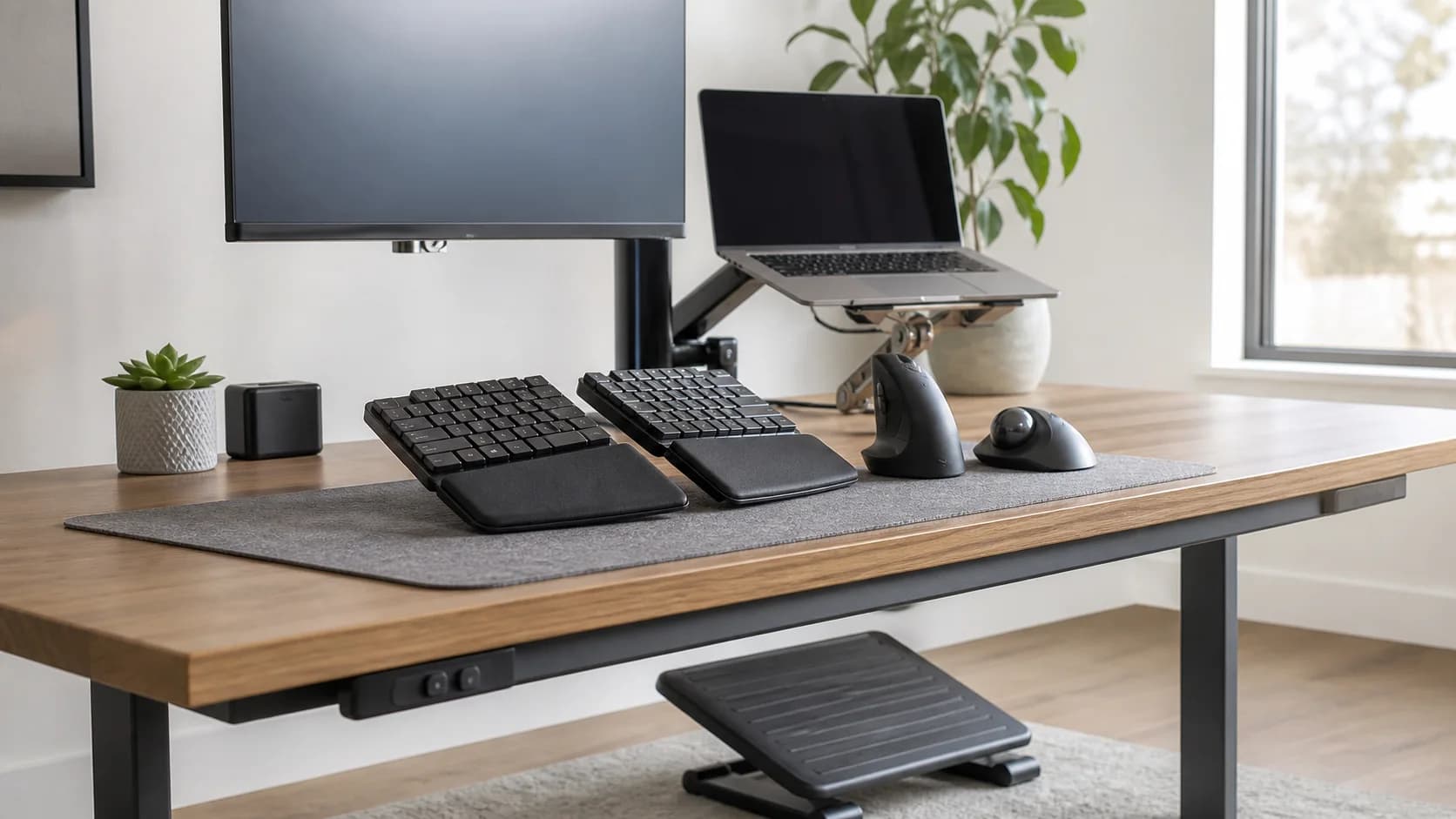 Original editorial scene with unbranded ergonomic keyboard, pointing, stand, and foot-support equipment