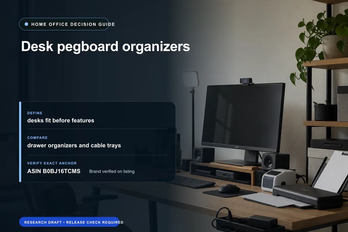 Editorial buying worksheet for desk pegboard organizers showing fit, compatibility, ownership checks, and the simpler alternative