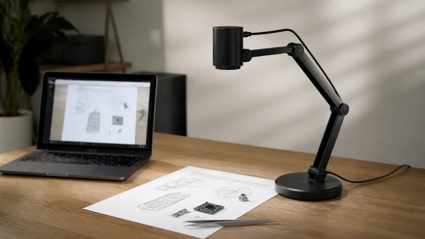 Editorial video-call workspace representing an overhead USB document camera
