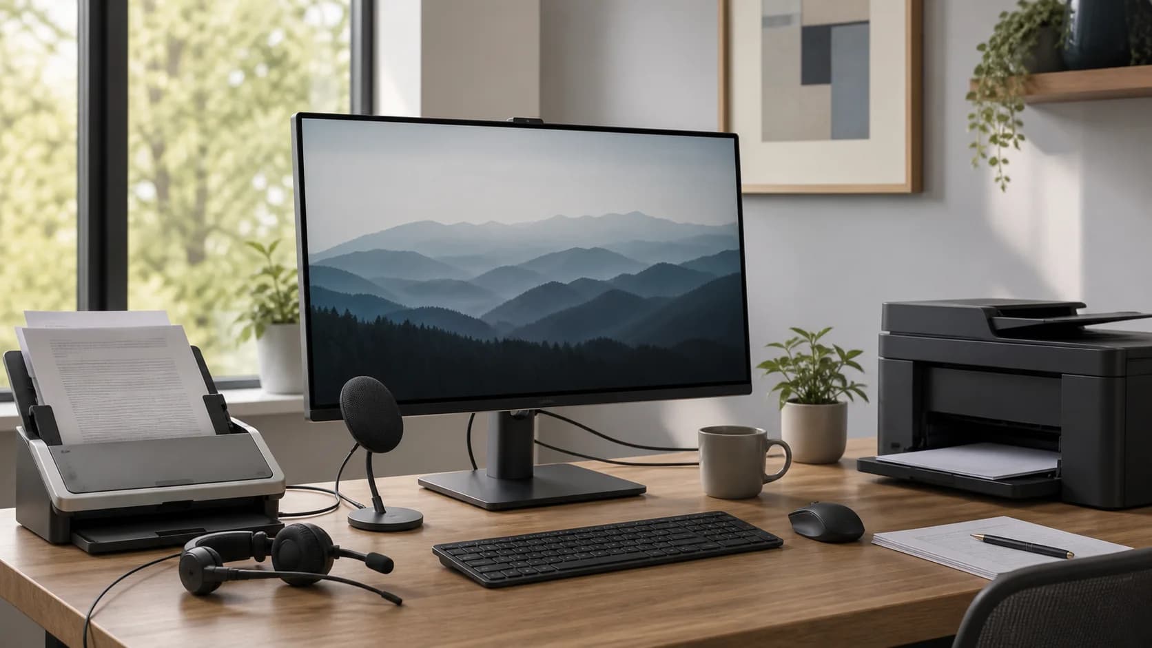 Original editorial scene with unbranded meeting, display, audio, scanning, and printing equipment